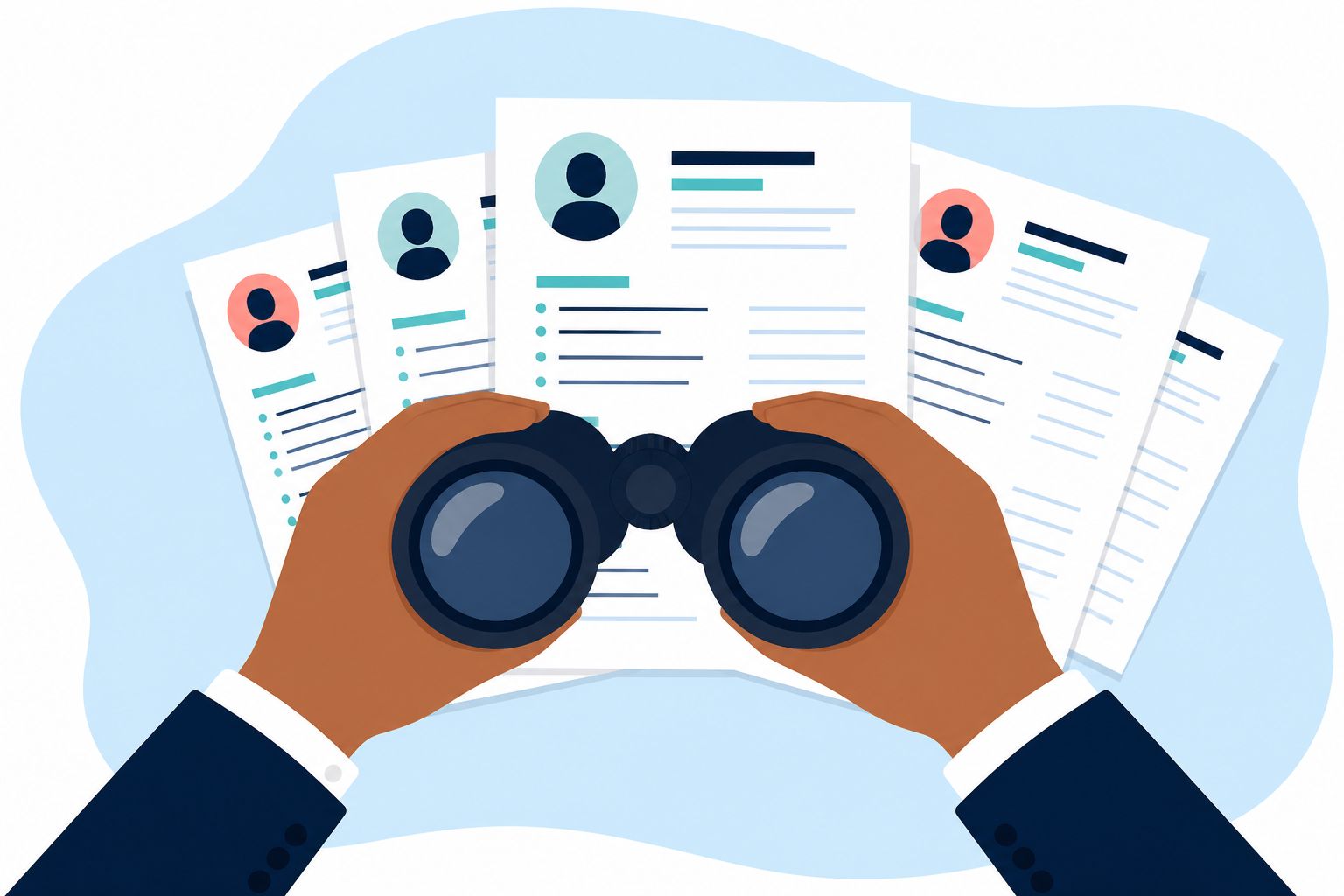 Recruiter searching for permanent legal talent with binoculars and candidate resumes